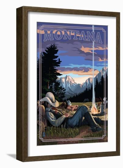 Montana - Cowboy Camping Night Scene-Lantern Press-Framed Art Print