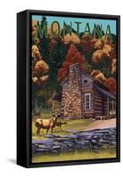 Montana - Deer Family and Cabin Scene-Lantern Press-Framed Stretched Canvas