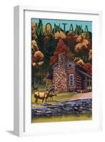 Montana - Deer Family and Cabin Scene-Lantern Press-Framed Art Print