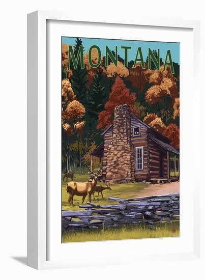 Montana - Deer Family and Cabin Scene-Lantern Press-Framed Art Print