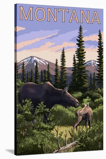 Montana - Moose and Calf-Lantern Press-Stretched Canvas