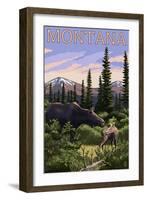 Montana - Moose and Calf-Lantern Press-Framed Art Print