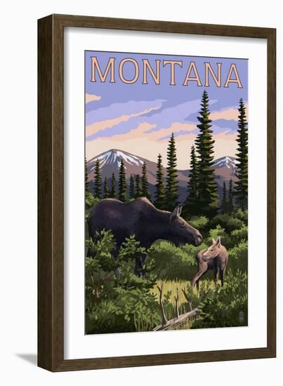 Montana - Moose and Calf-Lantern Press-Framed Art Print
