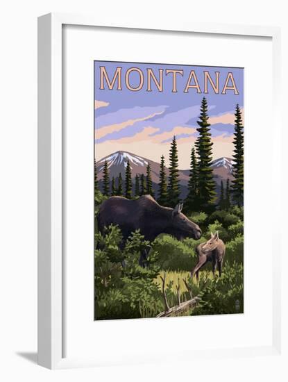 Montana - Moose and Calf-Lantern Press-Framed Art Print