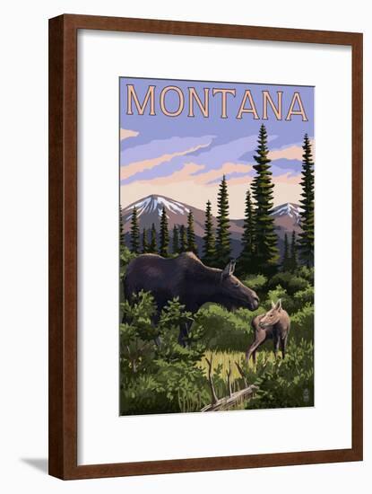 Montana - Moose and Calf-Lantern Press-Framed Art Print