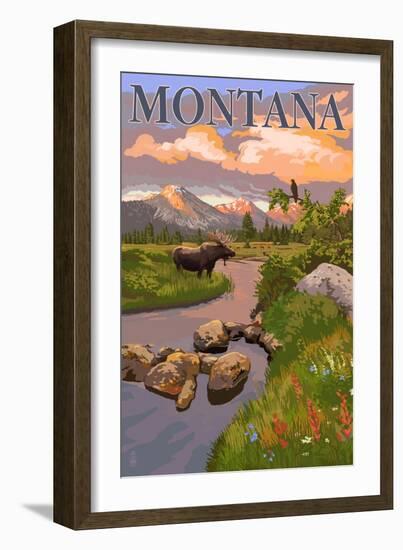 Montana - Moose and Meadow-Lantern Press-Framed Art Print