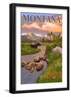 Montana - Moose and Meadow-Lantern Press-Framed Art Print