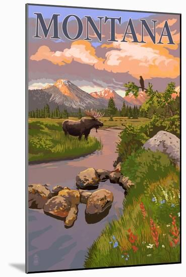 Montana - Moose and Meadow-Lantern Press-Mounted Art Print