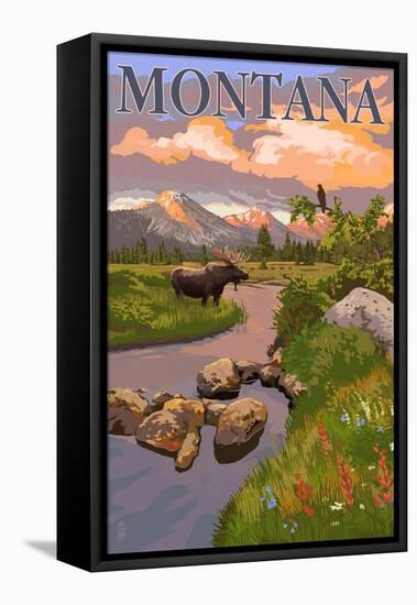 Montana - Moose and Meadow-Lantern Press-Framed Stretched Canvas