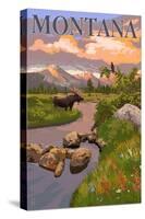 Montana - Moose and Meadow-Lantern Press-Stretched Canvas