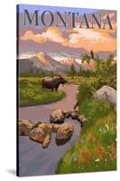 Montana - Moose and Meadow-Lantern Press-Stretched Canvas