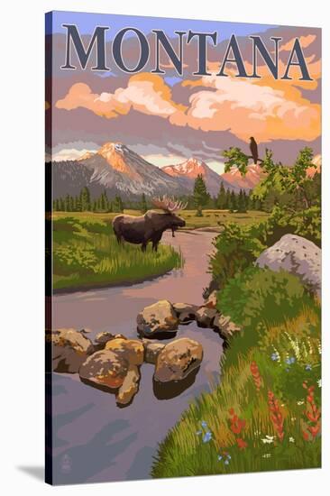 Montana - Moose and Meadow-Lantern Press-Stretched Canvas