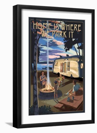 Montana - Retro Camper and Lake-Lantern Press-Framed Art Print