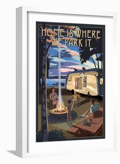 Montana - Retro Camper and Lake-Lantern Press-Framed Art Print