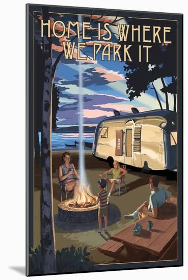 Montana - Retro Camper and Lake-Lantern Press-Mounted Art Print