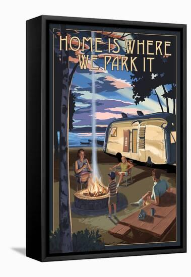 Montana - Retro Camper and Lake-Lantern Press-Framed Stretched Canvas