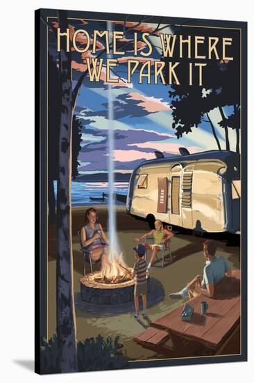 Montana - Retro Camper and Lake-Lantern Press-Stretched Canvas