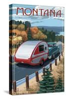 Montana - Retro Camper on Road-Lantern Press-Stretched Canvas