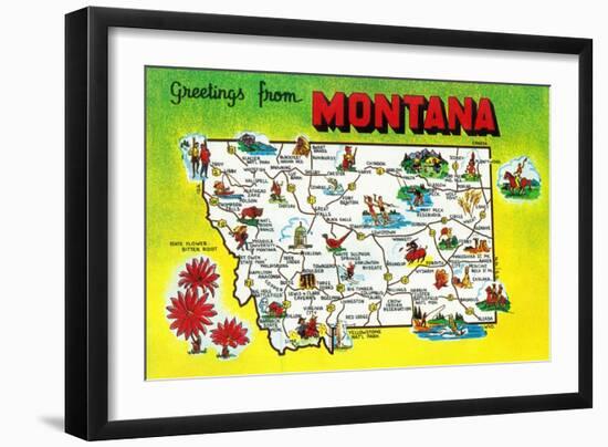 Montana - Roadmap of the State, Greetings From-Lantern Press-Framed Art Print