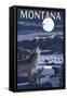 Montana - Valley Scene at Night with Wolves-Lantern Press-Framed Stretched Canvas