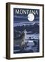 Montana - Valley Scene at Night with Wolves-Lantern Press-Framed Art Print