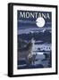 Montana - Valley Scene at Night with Wolves-Lantern Press-Framed Art Print