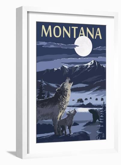 Montana - Valley Scene at Night with Wolves-Lantern Press-Framed Art Print