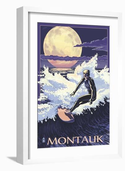 Montauk, New York - Night Surfer-Lantern Press-Framed Art Print