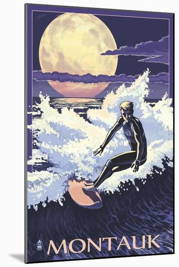 Montauk, New York - Night Surfer-Lantern Press-Mounted Art Print