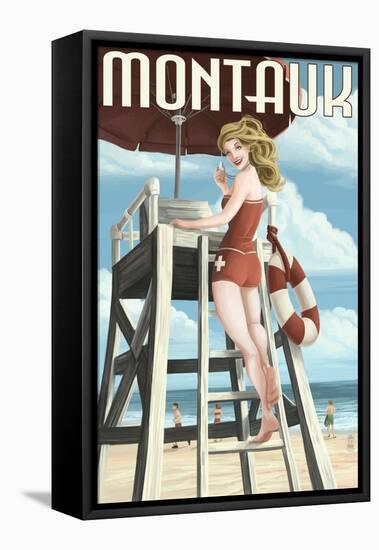 Montauk, New York - Pinup Girl Lifeguard-Lantern Press-Framed Stretched Canvas