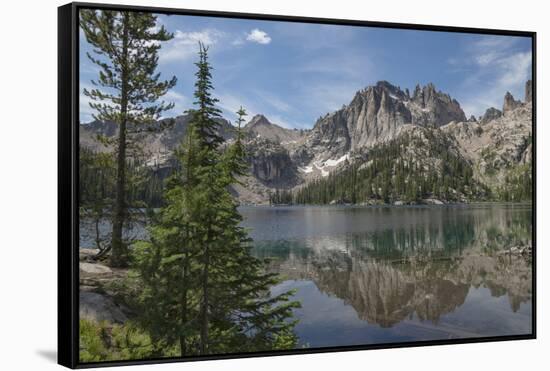 Monte Verita Peak mirrored in still waters of Baron Lake, Sawtooth Mountains Wilderness, Idaho.-Alan Majchrowicz-Framed Stretched Canvas