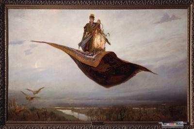 Carré Hermès 90 "Riding On A Flying Carpet" - Soie, Motif Sur Un Tapis Volant, Couleur Marron, Neuf Sans étiquette