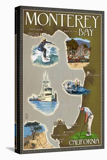 Monterey Bay, California - Map and Icons-Lantern Press-Stretched Canvas