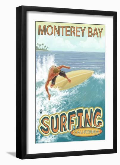 Monterey Bay, California - Surfer Scene-Lantern Press-Framed Art Print