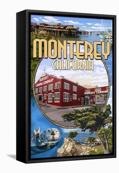 Monterey, California - Montage Scenes-Lantern Press-Framed Stretched Canvas