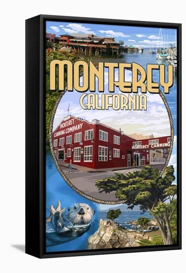 Monterey, California - Montage Scenes-Lantern Press-Framed Stretched Canvas