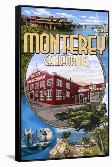 Monterey, California - Montage Scenes-Lantern Press-Framed Stretched Canvas