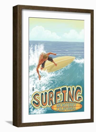 Monterey, California - Surfer Scene-Lantern Press-Framed Art Print