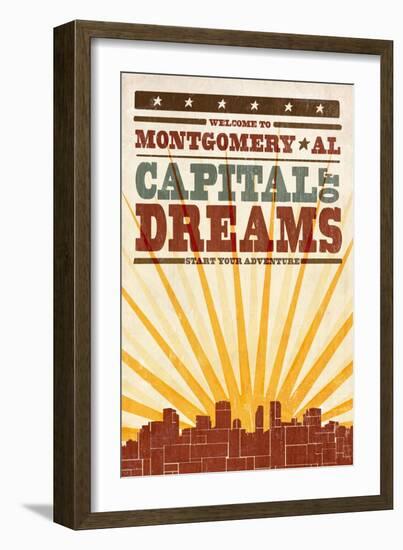 Montgomery, Alabama - Skyline and Sunburst Screenprint Style-Lantern Press-Framed Art Print