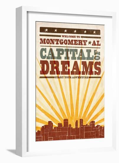Montgomery, Alabama - Skyline and Sunburst Screenprint Style-Lantern Press-Framed Art Print
