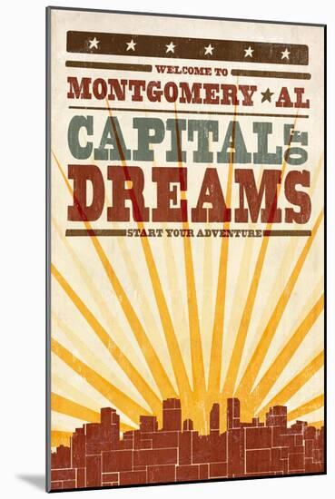 Montgomery, Alabama - Skyline and Sunburst Screenprint Style-Lantern Press-Mounted Art Print