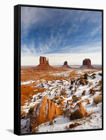 Monument Valley in the Snow, Monument Valley Navajo Tribal Park, Arizona, USA-Walter Bibikow-Framed Stretched Canvas