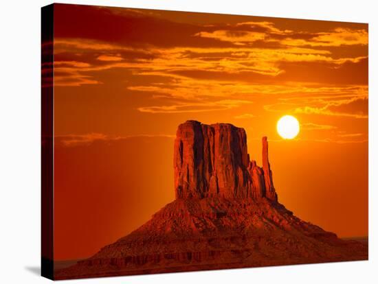 Monument Valley West Mitten at Sunrise Sun Orange Sky Utah Photo Mount-holbox-Stretched Canvas