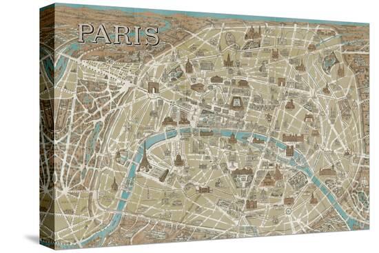 Monuments of Paris Map-Wild Apple Portfolio-Stretched Canvas