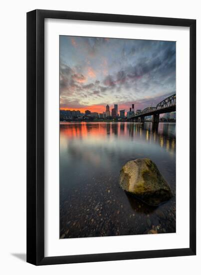 Moody Riverside Sunset, Hawthorne Bridge, Eastbank Esplande, Portland Oregon-Vincent James-Framed Photographic Print