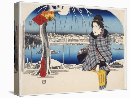 Moon After Snow at Ry?goku from Series 3 Views of Snow at Famous Places in Eastern Capital, c.1840-Ando or Utagawa Hiroshige-Stretched Canvas