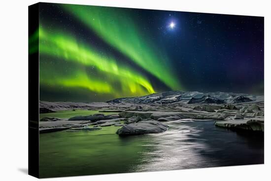 Moon and Aurora Borealis, Northern Lights with the Moon Illuminating the Skies and Icebergs-null-Stretched Canvas