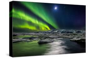 Moon and Aurora Borealis, Northern Lights with the Moon Illuminating the Skies and Icebergs-null-Stretched Canvas