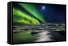 Moon and Aurora Borealis, Northern Lights with the Moon Illuminating the Skies and Icebergs-null-Framed Stretched Canvas