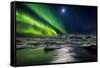 Moon and Aurora Borealis, Northern Lights with the Moon Illuminating the Skies and Icebergs-null-Framed Stretched Canvas